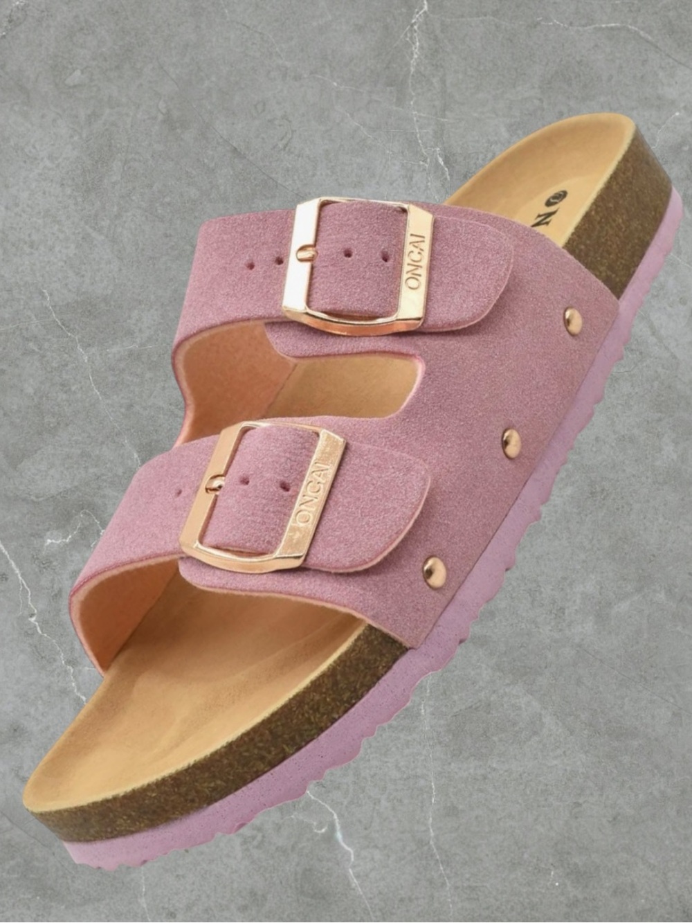 2 for $30 | Women’s Double-Buckle Slide Sandal - Dusty Pink with Gold Hardware
